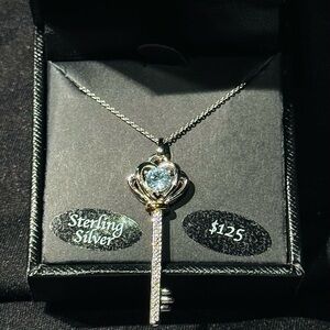 R.H. Macys & Co Sterling Silver Key Pendant Necklace With Blue Topaz Brand New